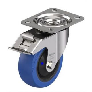 Blickle - RVS Zwenkwiel met rem, blauw loopvlak, 100mm